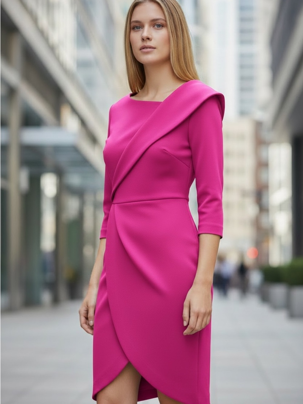 Calvin Klein Magenta Draped Midi Sheath Dress - Pretty in Hot Pink!